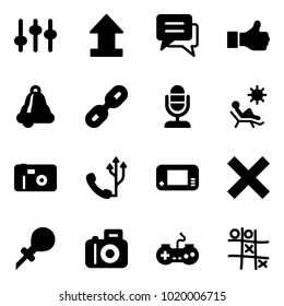 Solid vector icon set - settings vector, uplooad, chat, like, bell, link, microphone, beach, photo, phone, game console, delete, oiler, camera, gamepad, Tic tac toe