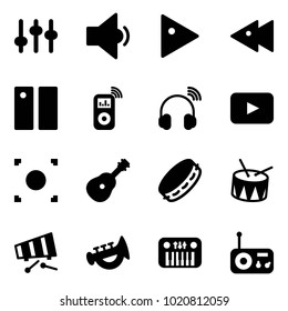 Solid vector icon set - settings vector, low volume, play, fast backward, pause, music player, wireless headphones, playback, record button, guitar, tambourine, drum, xylophone, horn toy, piano