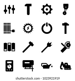 Solid vector icon set - settings vector, work, gear, piston, sun panel, power, standby button, hammer, battery, sledgehammer, wood drill, Angular grinder, multimeter, jig saw, oiler, excavator toy