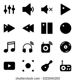 Solid vector icon set - settings vector, low volume, off, play, fast forward, backward, pause, record, music, wireless headphones, speaker, cd, playback, button, guitar, radio