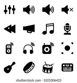 Solid vector icon set - settings vector, volume max, medium, off, fast backward, loudspeaker, music, microphone, player, wireless headphones, speaker, record button, guitar, tambourine, drum