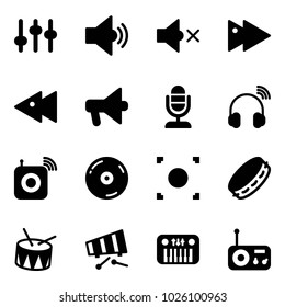 Solid vector icon set - settings vector, volume medium, off, fast forward, backward, loudspeaker, microphone, wireless headphones, speaker, cd, record button, tambourine, drum, xylophone, toy piano