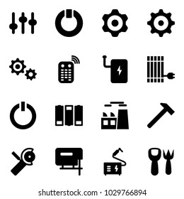 Solid vector icon set - settings vector, standby, gear, remote control, power bank, sun panel, button, battery, plant, hammer, Angular grinder, jig saw, welding, shovel fork toy