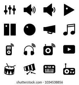 Solid vector icon set - settings vector, volume medium, low, play, pause, record, loudspeaker, music, player, wireless headphones, speaker, playback, drum, xylophone, toy piano, radio