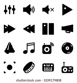 Solid vector icon set - settings vector, volume medium, off, play, fast forward, backward, pause, loudspeaker, bell, music, wireless speaker, cd, record button, tambourine, toy piano, radio