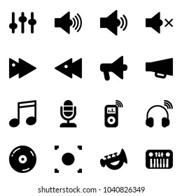 Solid vector icon set - settings vector, volume max, medium, off, fast forward, backward, loudspeaker, music, microphone, player, wireless headphones, cd, record button, horn toy, piano