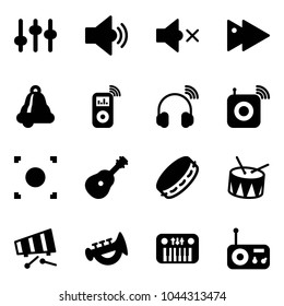 Solid vector icon set - settings vector, volume medium, off, fast forward, bell, music player, wireless headphones, speaker, record button, guitar, tambourine, drum, xylophone, horn toy, piano
