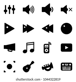 Solid vector icon set - settings vector, volume max, low, off, play, fast forward, backward, record, loudspeaker, music, player, playback, button, guitar, horn toy, piano