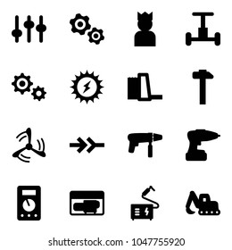 Solid vector icon set - settings vector, gears, king, gyroscope, gear, sun power, water plant, hammer, wind mill, connect, drill machine, multimeter, generator, welding, excavator toy