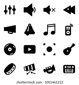 Solid vector icon set - settings vector, low volume, off, fast backward, loudspeaker, bell, music, player, cd, playback, record button, guitar, tambourine, xylophone, horn toy, piano
