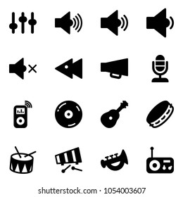 Solid vector icon set - settings vector, volume max, medium, low, off, fast backward, loudspeaker, microphone, music player, cd, guitar, tambourine, drum, xylophone, horn toy, radio