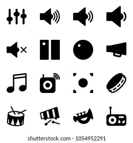 Solid vector icon set - settings vector, volume max, medium, low, off, pause, record, loudspeaker, music, wireless speaker, button, tambourine, drum, xylophone, horn toy, radio