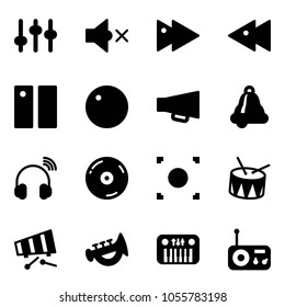 Solid vector icon set - settings vector, volume off, fast forward, backward, pause, record, loudspeaker, bell, wireless headphones, cd, button, drum, xylophone, horn toy, piano, radio