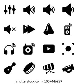 Solid vector icon set - settings vector, volume max, medium, low, off, fast forward, bell, music player, wireless headphones, speaker, playback, record button, guitar, tambourine, xylophone