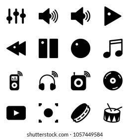 Solid vector icon set - settings vector, volume max, medium, play, fast backward, pause, record, music, player, wireless headphones, speaker, cd, playback, button, tambourine, drum