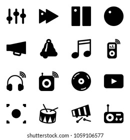 Solid vector icon set - settings vector, fast forward, pause, record, loudspeaker, bell, music, player, wireless headphones, speaker, cd, playback, button, drum, xylophone, radio