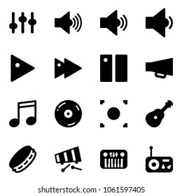 Solid vector icon set - settings vector, volume max, medium, low, play, fast forward, pause, loudspeaker, music, cd, record button, guitar, tambourine, xylophone, toy piano, radio