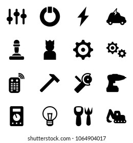 Solid vector icon set - settings vector, standby, lightning, electric car, pawn, king, gear, remote control, hammer, Angular grinder, drill, multimeter, bulb, shovel fork toy, excavator