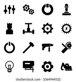 Solid vector icon set - settings vector, gears, standby, pawn, king, gyroscope, gear, sun power, button, sledgehammer, drill machine, Angular grinder, bulb, jig saw, excavator toy