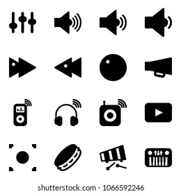Solid vector icon set - settings vector, volume max, medium, low, fast forward, backward, record, loudspeaker, music player, wireless headphones, speaker, playback, button, tambourine, xylophone