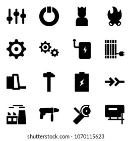 Solid vector icon set - settings vector, standby, king, fire, gear, power bank, sun panel, water plant, hammer, battery, connect, drill machine, Angular grinder, jig saw