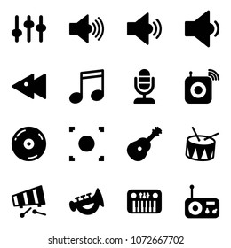 Solid vector icon set - settings vector, volume max, medium, low, fast backward, music, microphone, wireless speaker, cd, record button, guitar, drum, xylophone, horn toy, piano, radio