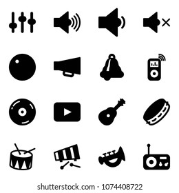 Solid vector icon set - settings vector, volume max, low, off, record, loudspeaker, bell, music player, cd, playback, guitar, tambourine, drum, xylophone, horn toy, radio