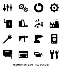 Solid vector icon set - settings vector, gears, standby, gear, power bank, water plant, wind mill, wood drill, machine, multimeter, jig saw, generator, oiler, shovel fork toy