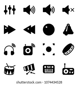 Solid vector icon set - settings vector, volume max, medium, off, fast forward, backward, record, bell, wireless headphones, speaker, button, tambourine, drum, xylophone, toy piano, radio