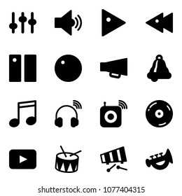 Solid vector icon set - settings vector, volume medium, play, fast backward, pause, record, loudspeaker, bell, music, wireless headphones, speaker, cd, playback, drum, xylophone, horn toy