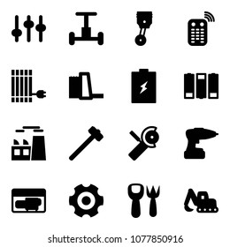 Solid vector icon set - settings vector, gyroscope, piston, remote control, sun panel, water power plant, battery, sledgehammer, Angular grinder, drill, generator, gear, shovel fork toy, excavator