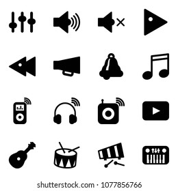 Solid vector icon set - settings vector, volume max, off, play, fast backward, loudspeaker, bell, music, player, wireless headphones, speaker, playback, guitar, drum, xylophone, toy piano