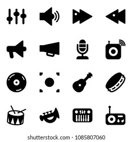 Solid vector icon set - settings vector, volume medium, fast forward, backward, loudspeaker, microphone, wireless speaker, cd, record button, guitar, tambourine, drum, horn toy, piano, radio
