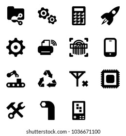 Solid vector icon set - shared folder vector, gears, calculator, rocket, gear, printer wireless, fingerprint scanner, mobile phone, conveyor, recycling, no signal, cpu, wrench hammer, allen key