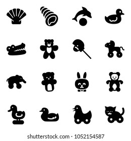 Solid vector icon set - shell vector, dolphin, duck toy, crocodile, bear, horse stick, wheel, elephant, rabbit, cat