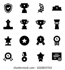 Solid vector icon set - shield check vector, cup, golden branch, pedestal, winner, win, gold, award, star medal, certificate