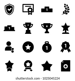 Solid vector icon set - shield check vector, certificate, pedestal, golden branch, win cup, gold, award, winner, star medal