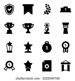 Solid vector icon set - shield check vector, flag, golden branch, pedestal, win cup, gold, award, medal, star, certificate, pennant