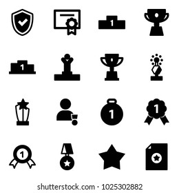 Solid vector icon set - shield check vector, certificate, pedestal, cup, winner, win, award, gold medal, star