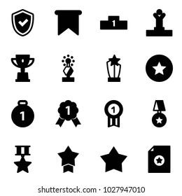 Solid vector icon set - shield check vector, flag, pedestal, winner, win cup, award, star medal, gold, certificate