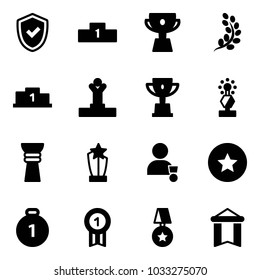 Solid vector icon set - shield check vector, pedestal, cup, golden branch, winner, win, award, star medal, gold, pennant