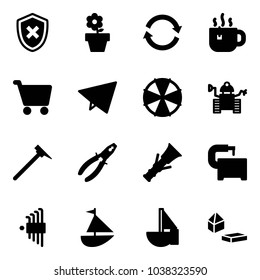 Solid vector icon set - shield cross vector, flower pot, refresh, hot tea, cart, paper fly, parasol, robot, mason hammer, pliers, dowel, machine tool, allen key set, sailboat toy, constructor blocks