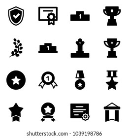 Solid vector icon set - shield check vector, certificate, pedestal, cup, golden branch, winner, win, star medal, gold, pennant