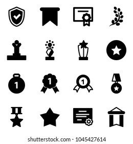 Solid vector icon set - shield check vector, flag, certificate, golden branch, winner, award, star medal, gold, pennant