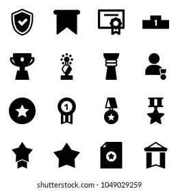 Solid vector icon set - shield check vector, flag, certificate, pedestal, cup, award, winner, star medal, gold, pennant
