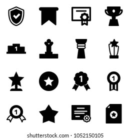 Solid vector icon set - shield check vector, flag, certificate, cup, pedestal, winner, award, star medal, gold