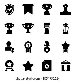 Solid vector icon set - shield check vector, flag, cup, winner, win, gold, award, medal, star, certificate, pennant