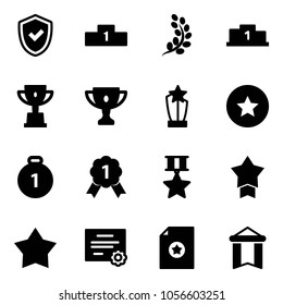 Solid vector icon set - shield check vector, pedestal, golden branch, win cup, gold, award, star medal, certificate, pennant