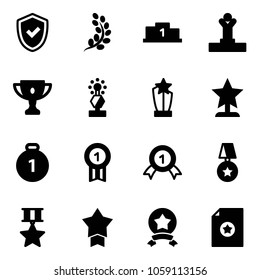 Solid vector icon set - shield check vector, golden branch, pedestal, winner, gold cup, award, medal, star, certificate