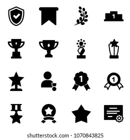 Solid vector icon set - shield check vector, flag, golden branch, pedestal, win cup, gold, award, winner, medal, star, certificate